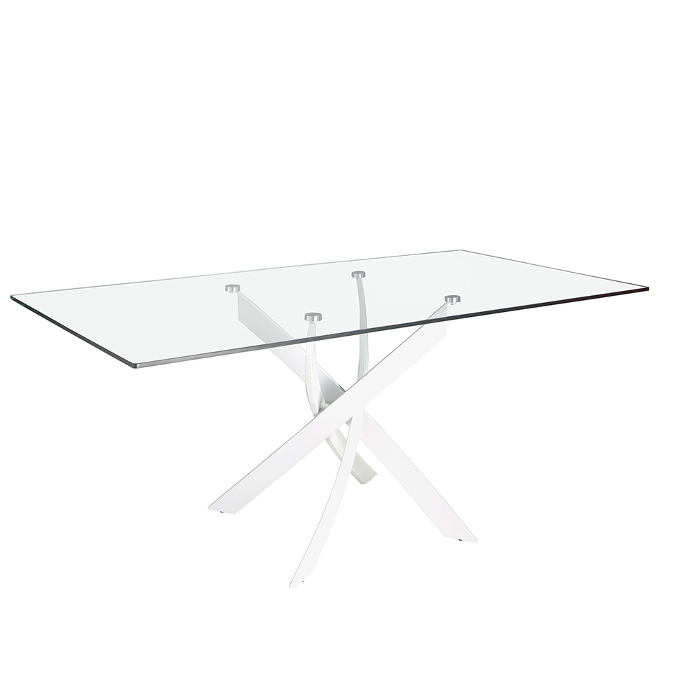 Table de salle à manger rectangulaire en verre trempé et acier inoxydable blanc