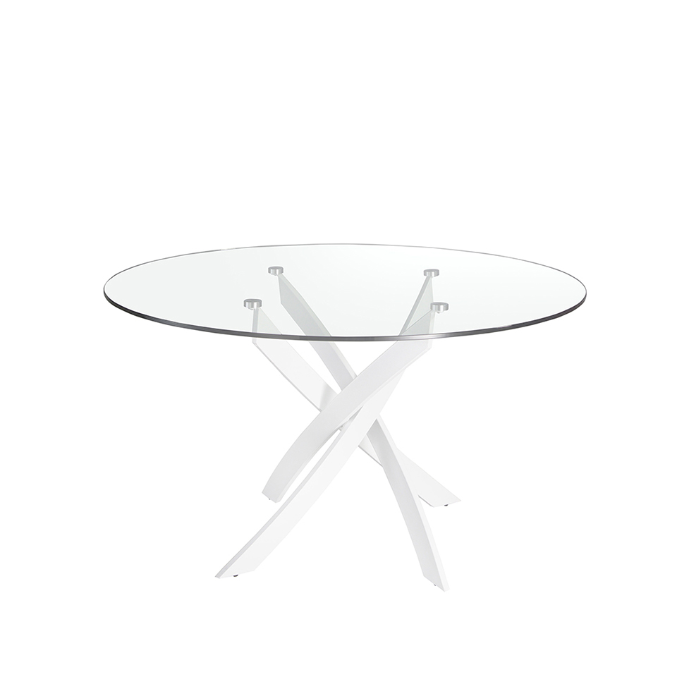 Table de salle à manger ronde en verre trempé et acier inoxydable blanc