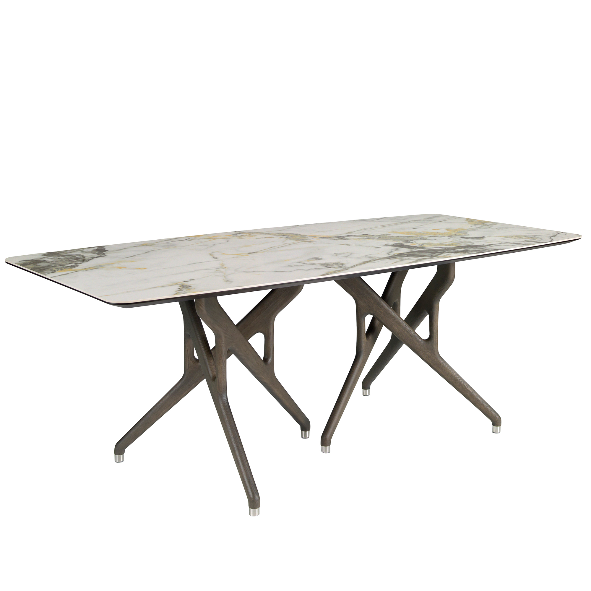 Porcelain marble and dark walnut rectangular dining table