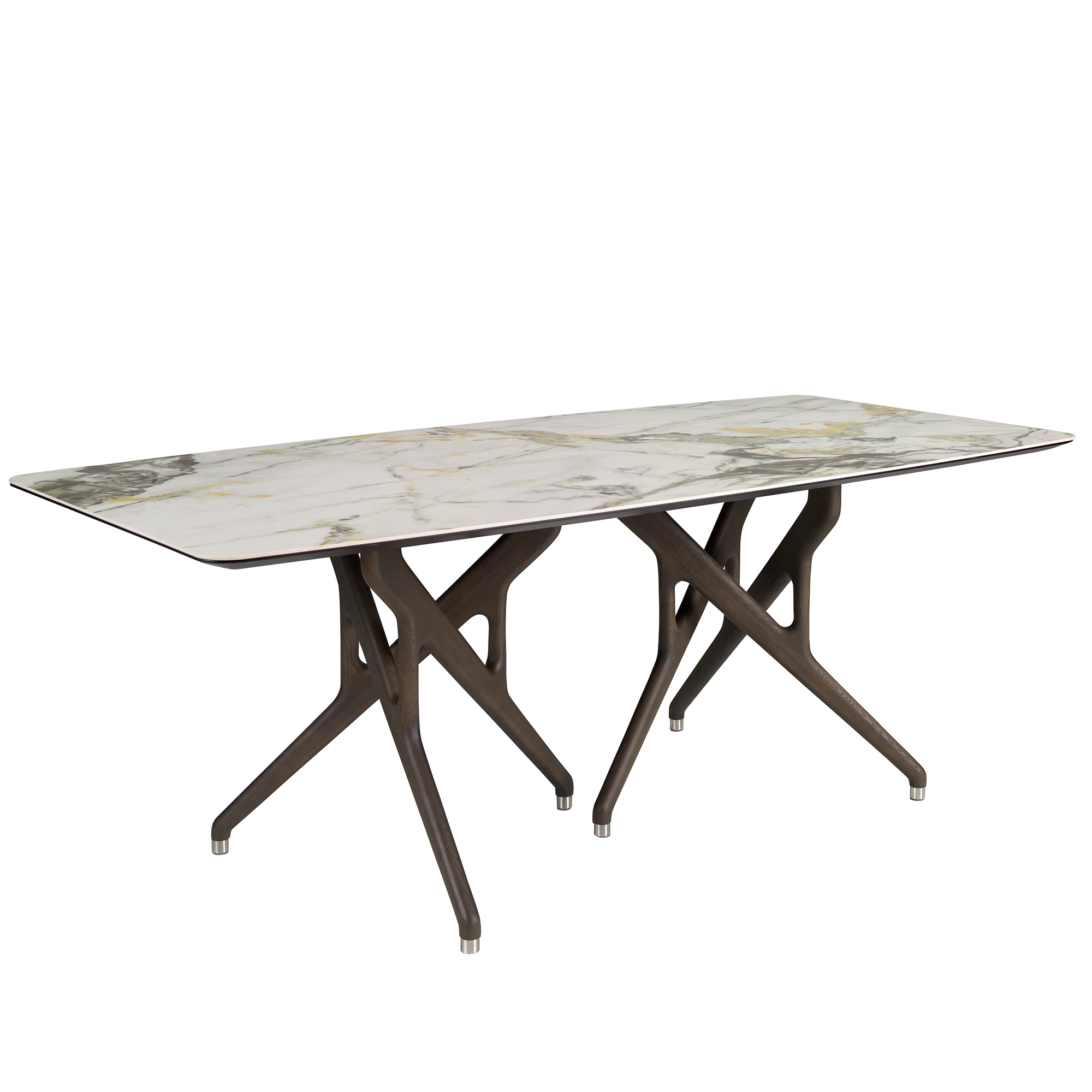 Porcelain marble and dark walnut rectangular dining table