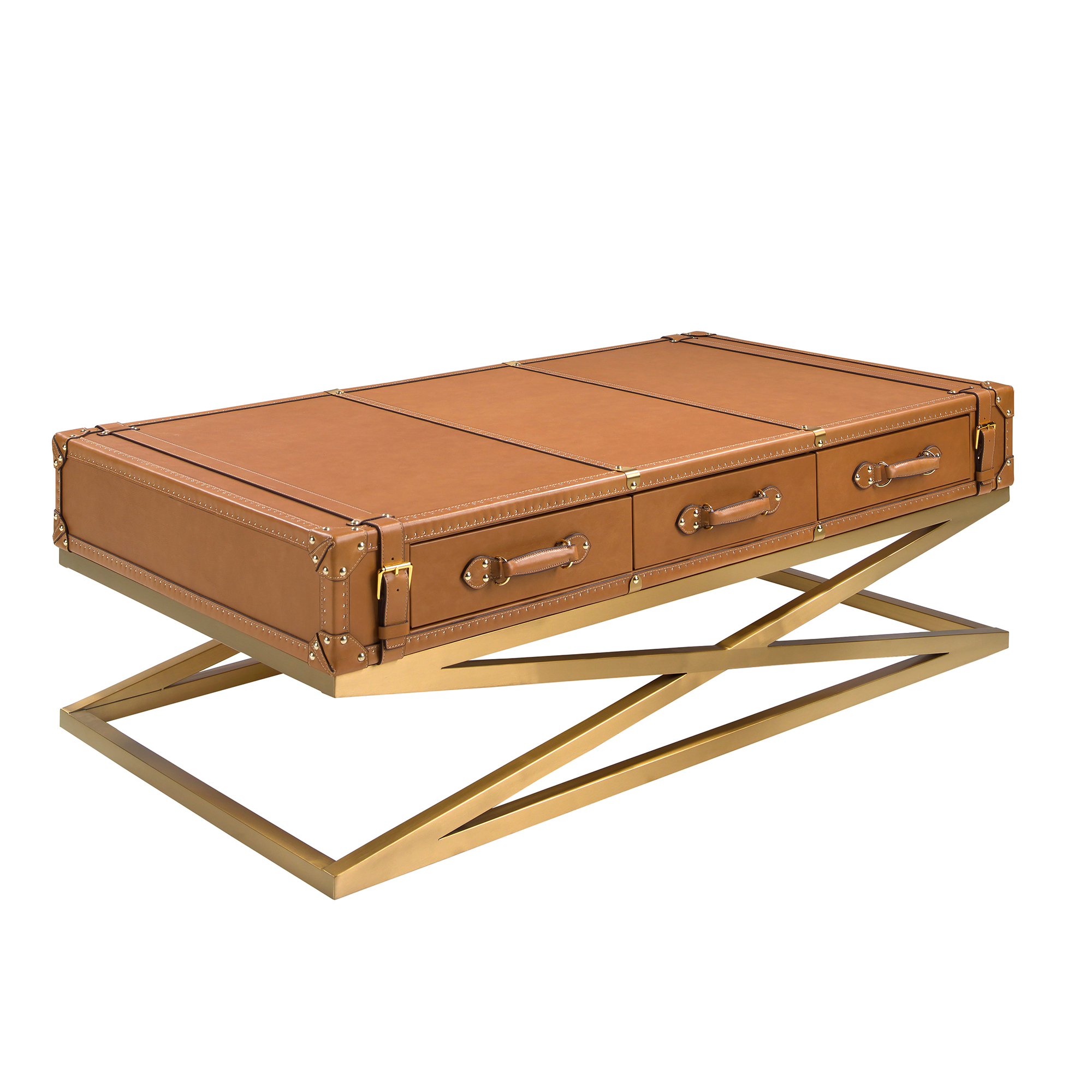 Rectangular leather and golden steel coffee table