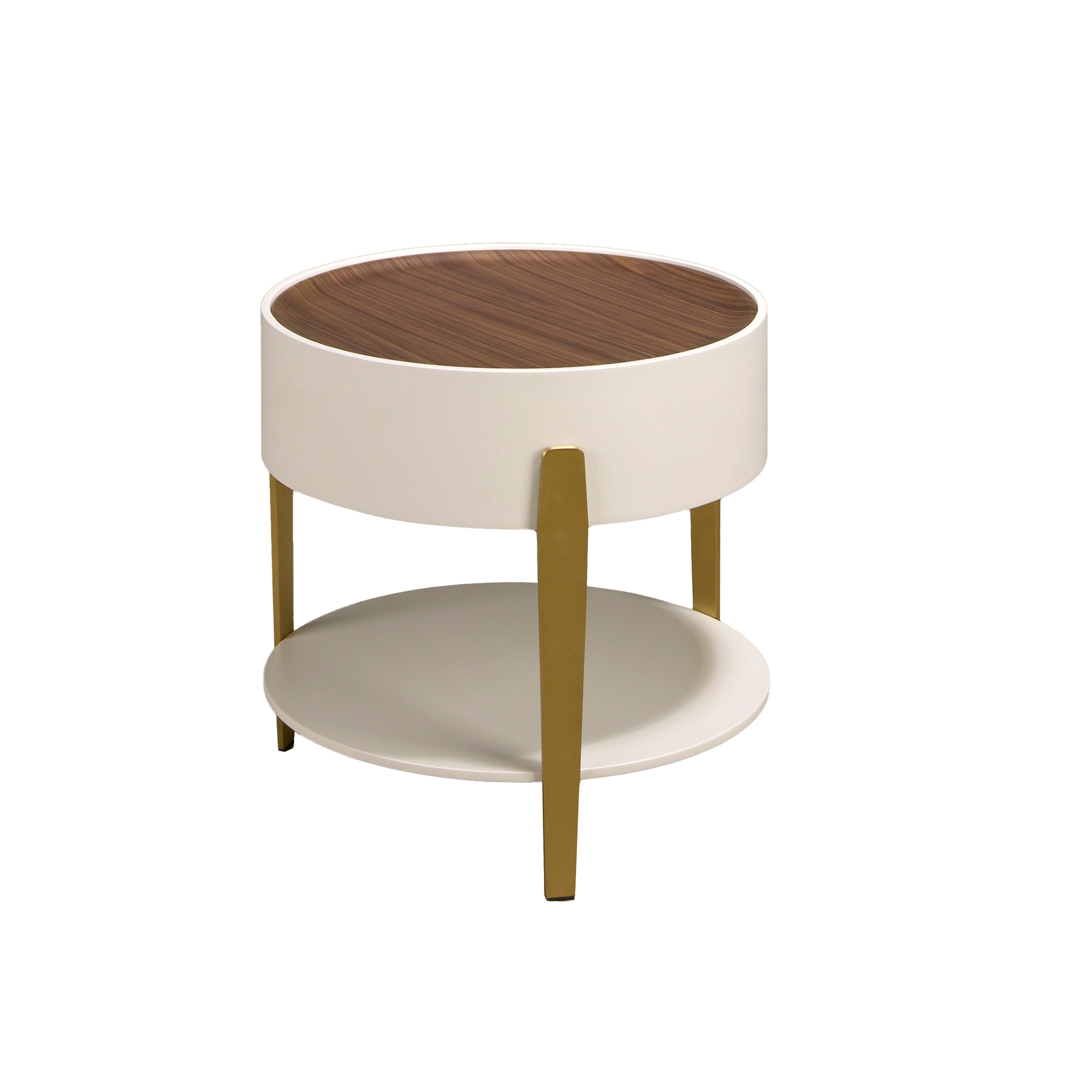 Round corner table walnut, beige wood and gold-plated polished steel