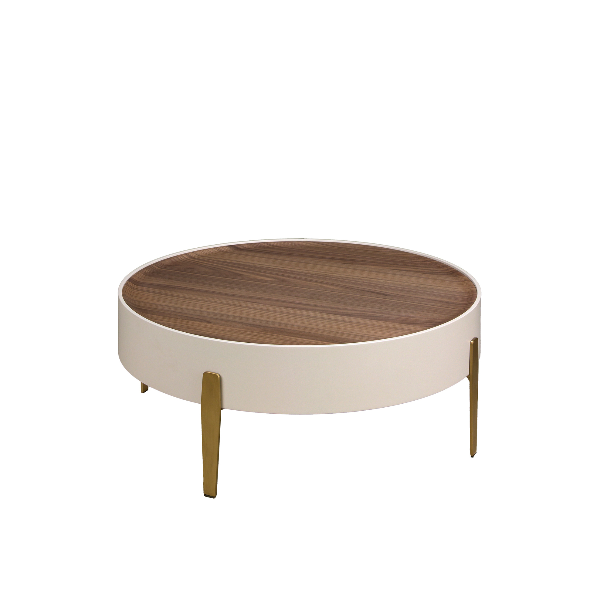 Round coffee table walnut, beige wood and polished golden steel