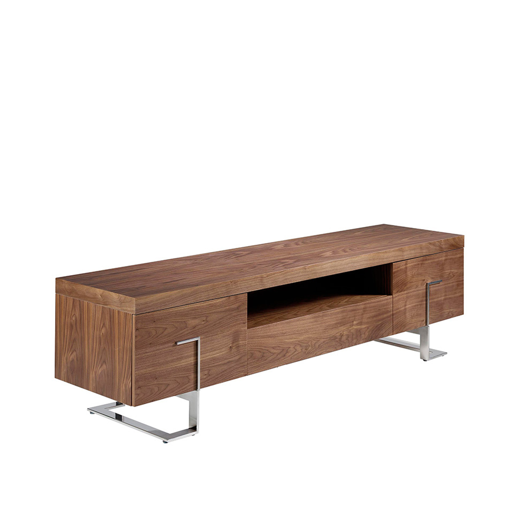 TV stand in walnut wood and chrome-plated steel