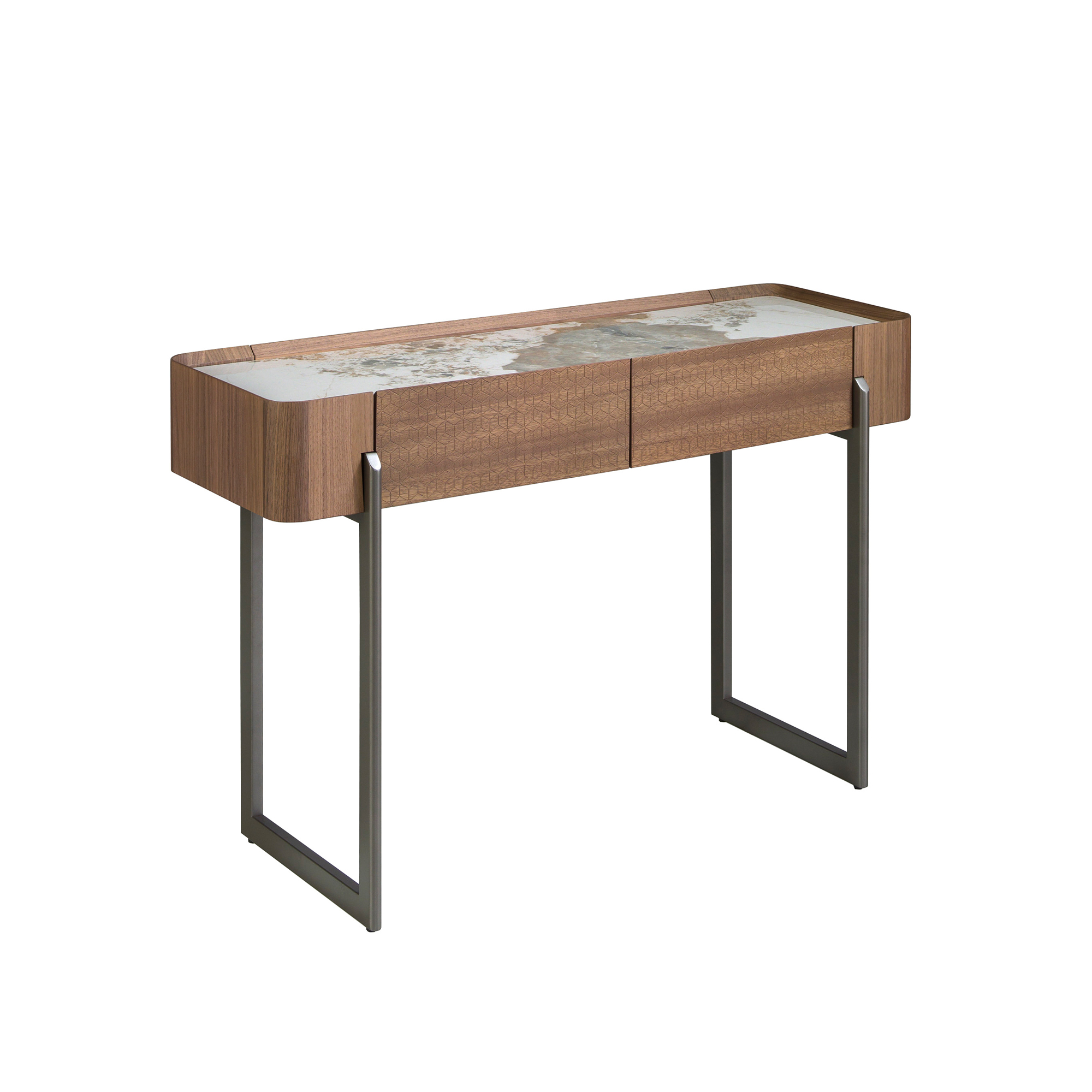 Rectangular porcelain marble, walnut and dark metallic steel console table