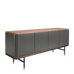 Credenza in legno grigio scuro, acciaio nero e piano in noce