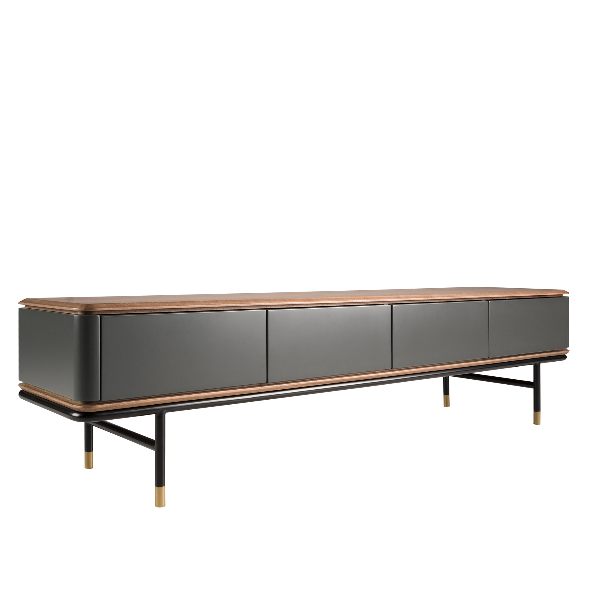 Mueble TV madera gris oscuro mate, acero negro y tapa de nogal