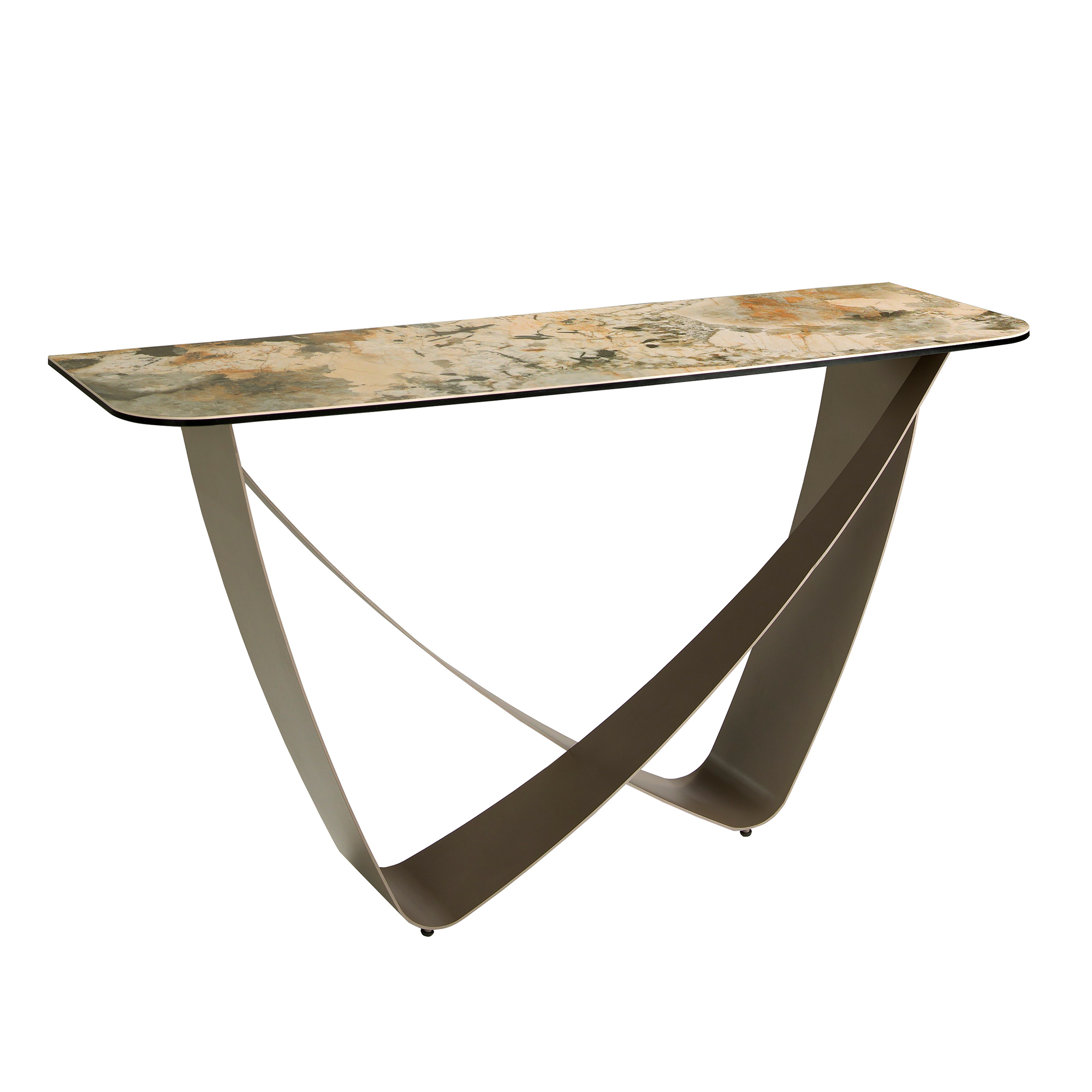 Table console rectangulaire en marbre porcelaine et acier métallique taupe