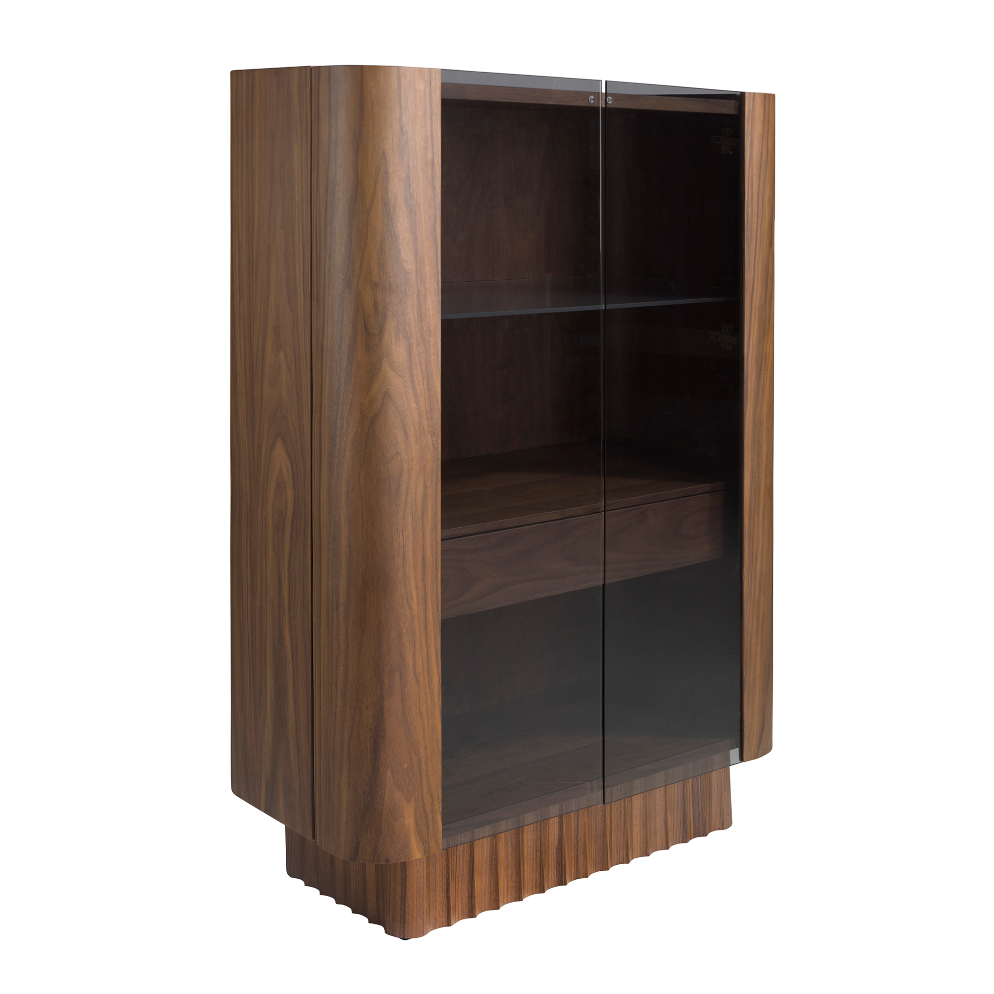 Tall sideboard in tempered glass, walnut with interior lighting