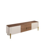 TV stand beige wood, golden polished steel and walnut top