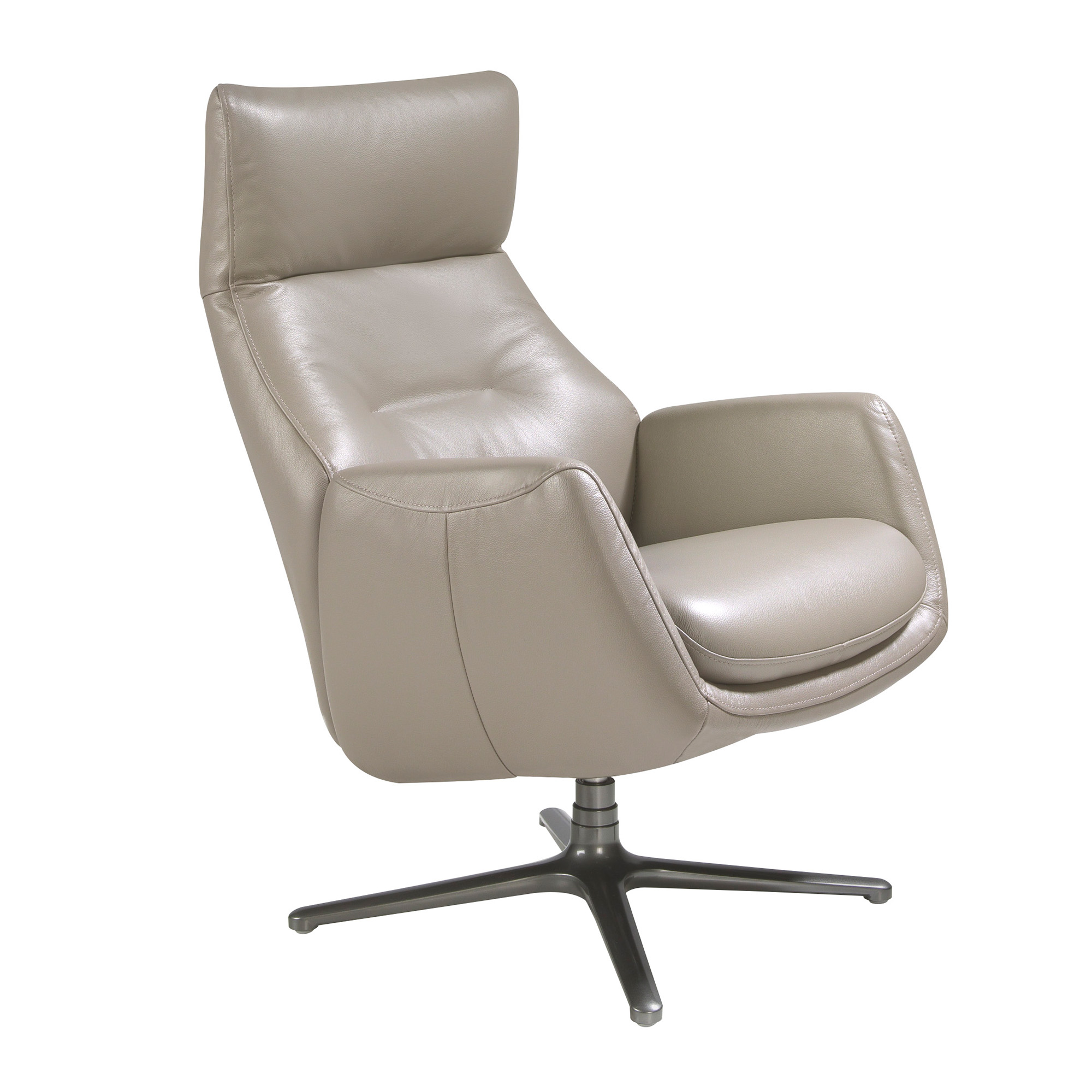 Leather upholstered reclining swivel armchair with darkened steel legs