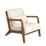 Мягкое кресло из ткани и деревянной конструкции цвета ореха.