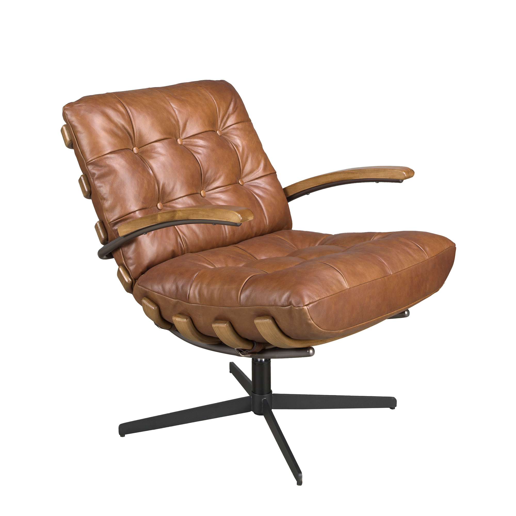 Dark brown leather and walnut swivel armchair