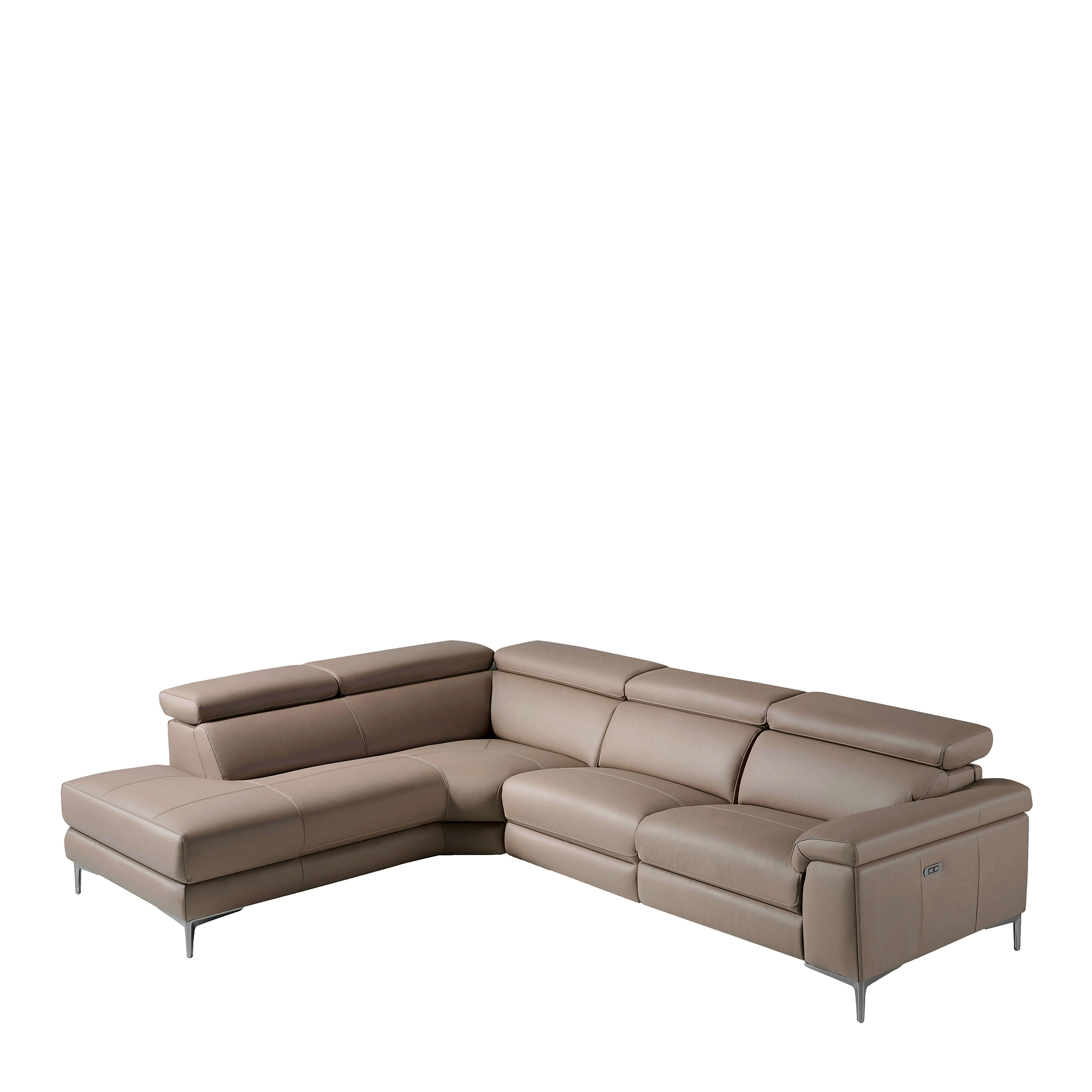 Corner sofa upholstered in leather with relax mechanism