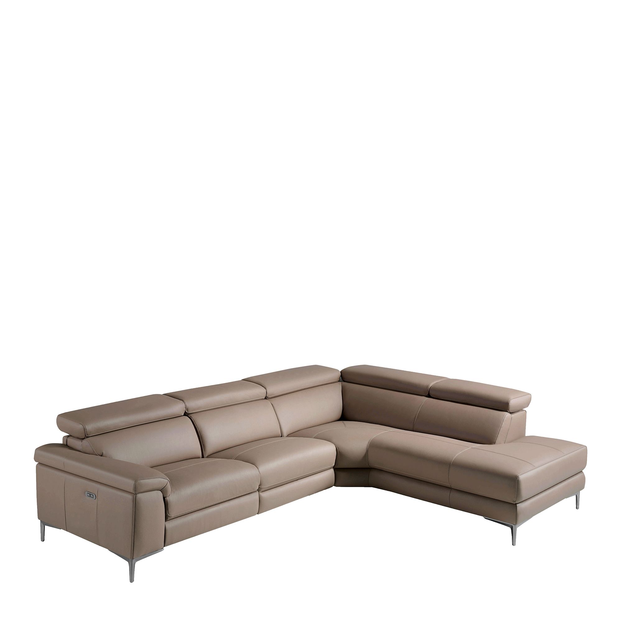 Corner sofa upholstered in leather with relax mechanism