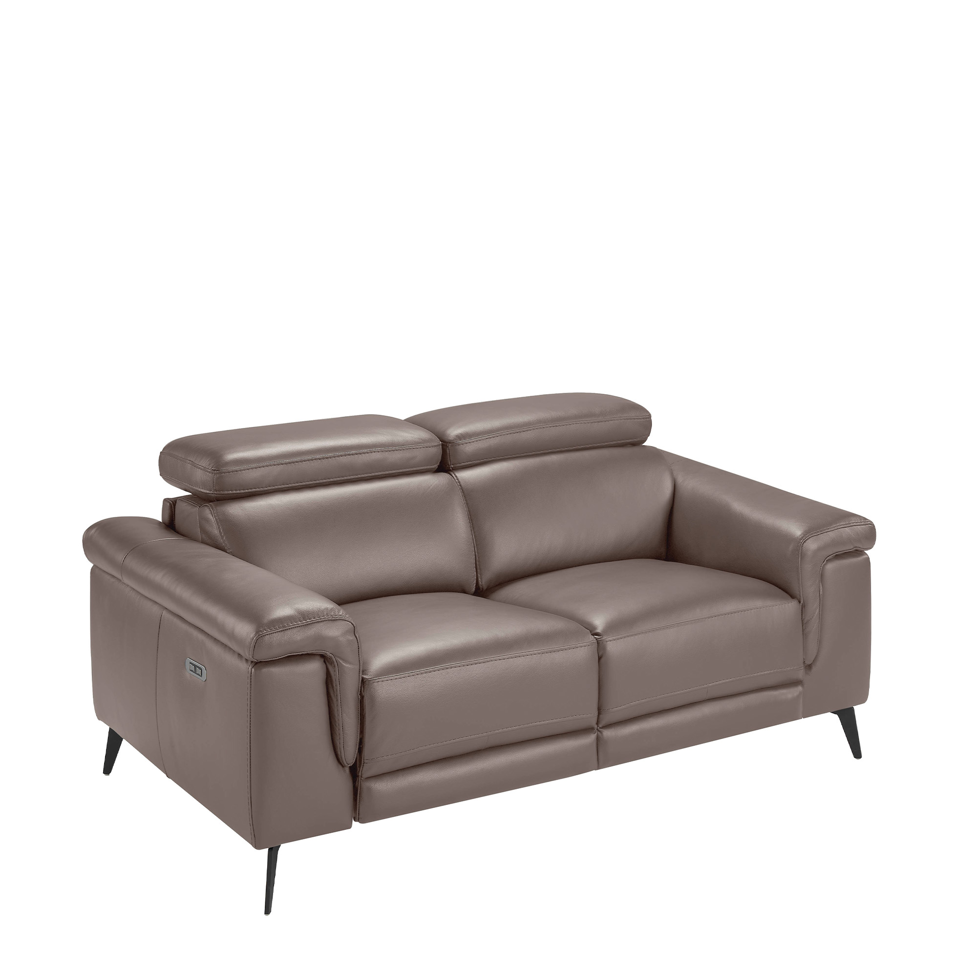 Canapé 2 places tapissé en cuir de vachette couleur vison et pieds en acier noir.