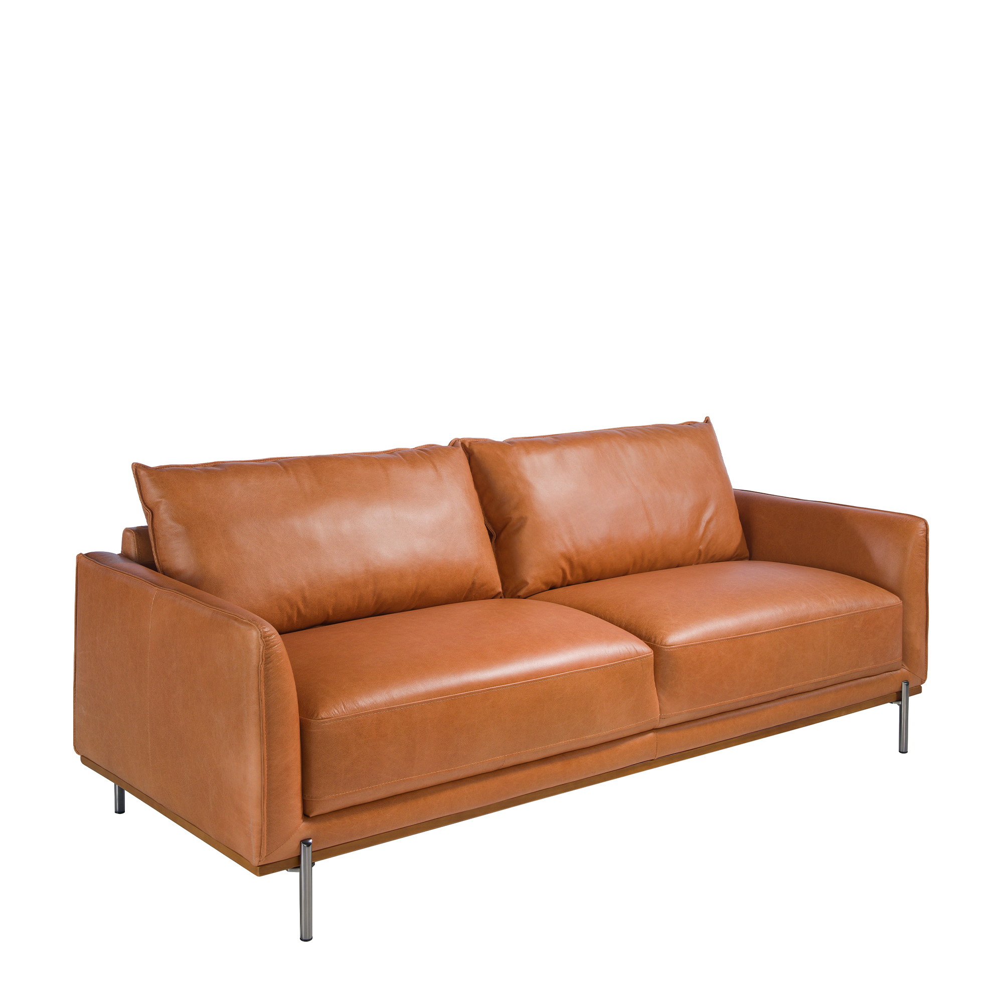3-Sitzer-Sofa mit Polsterung aus büffelbraunem Rindsleder und Gestell aus gedämpftem Buchenholz. Beinstruktur aus massivem, geschwärztem Stahl.