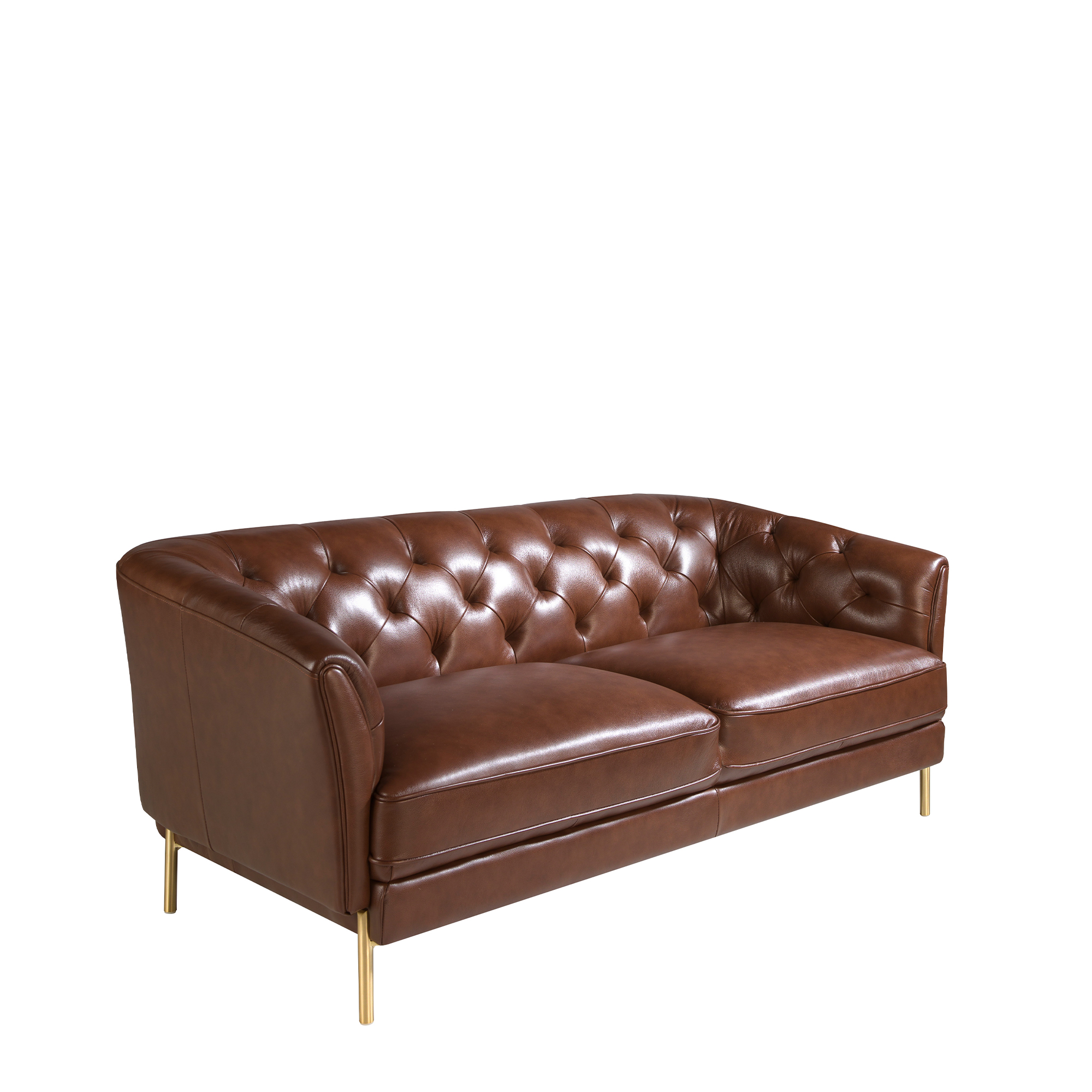 2-Sitzer-Sofa mit Lederbezug und Beinen aus poliertem Goldstahl