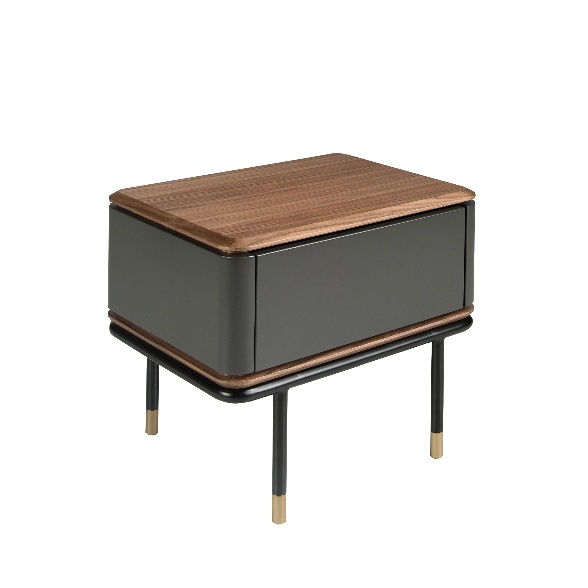 Bedside table in matt dark grey wood, black steel and walnut top