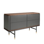 Chest of drawers dark grey matt wood, black steel and walnut top