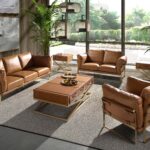 Rectangular leather and golden steel corner table