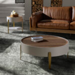 Round coffee table walnut, beige wood and polished golden steel