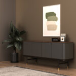 Credenza in legno grigio scuro, acciaio nero e piano in noce