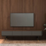 Mueble TV madera gris oscuro mate, acero negro y tapa de nogal