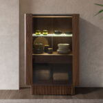 Tall sideboard in tempered glass, walnut with interior lighting