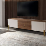 TV stand beige wood, golden polished steel and walnut top