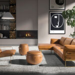 Linkes Chaiselongue-Sofa in Leder camel