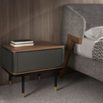 Bedside table in matt dark grey wood, black steel and walnut top