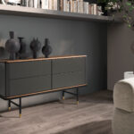 Chest of drawers dark grey matt wood, black steel and walnut top