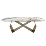 Rectangular dining table in porcelain marble and champagne-coloured steel