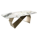 Table de salle à manger rectangulaire en marbre porcelaine et acier couleur champagne