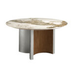 Table de salle à manger ronde en marbre porcelaine, noyer et bois argenté