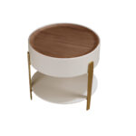 Round corner table walnut, beige wood and gold-plated polished steel