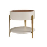 Round corner table walnut, beige wood and gold-plated polished steel