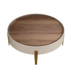 Round coffee table walnut, beige wood and polished golden steel