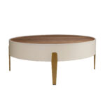 Round coffee table walnut, beige wood and polished golden steel