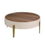 Round coffee table walnut, beige wood and polished golden steel