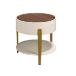 Round corner table walnut, beige wood and gold-plated polished steel