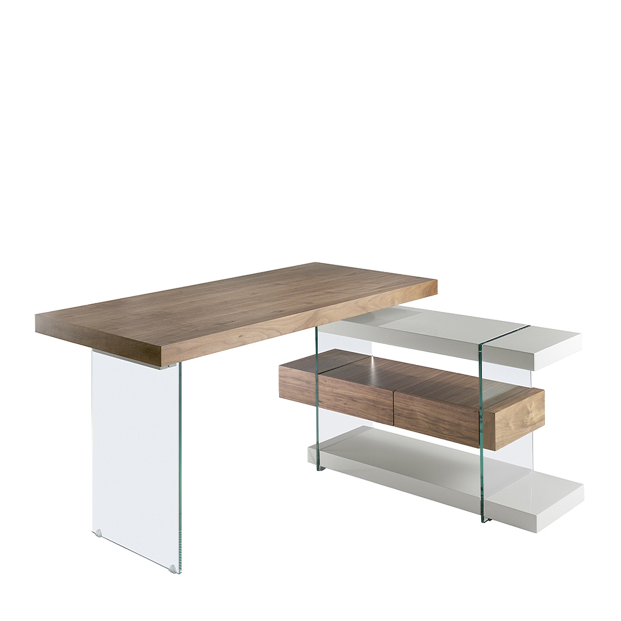 Walnut wood desk and tempered glass