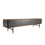 Mueble TV madera gris oscuro mate, acero negro y tapa de nogal