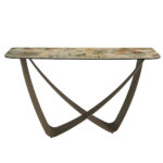 Rectangular console table in porcelain marble and taupe metallic steel