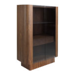 Tall sideboard in tempered glass, walnut with interior lighting