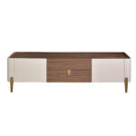 TV stand beige wood, golden polished steel and walnut top