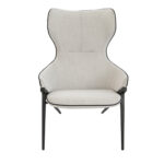 Armchair upholstered in fabric with black steel trim and legs