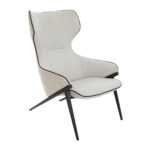 Armchair upholstered in fabric with black steel trim and legs