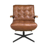 Dark brown leather and walnut swivel armchair